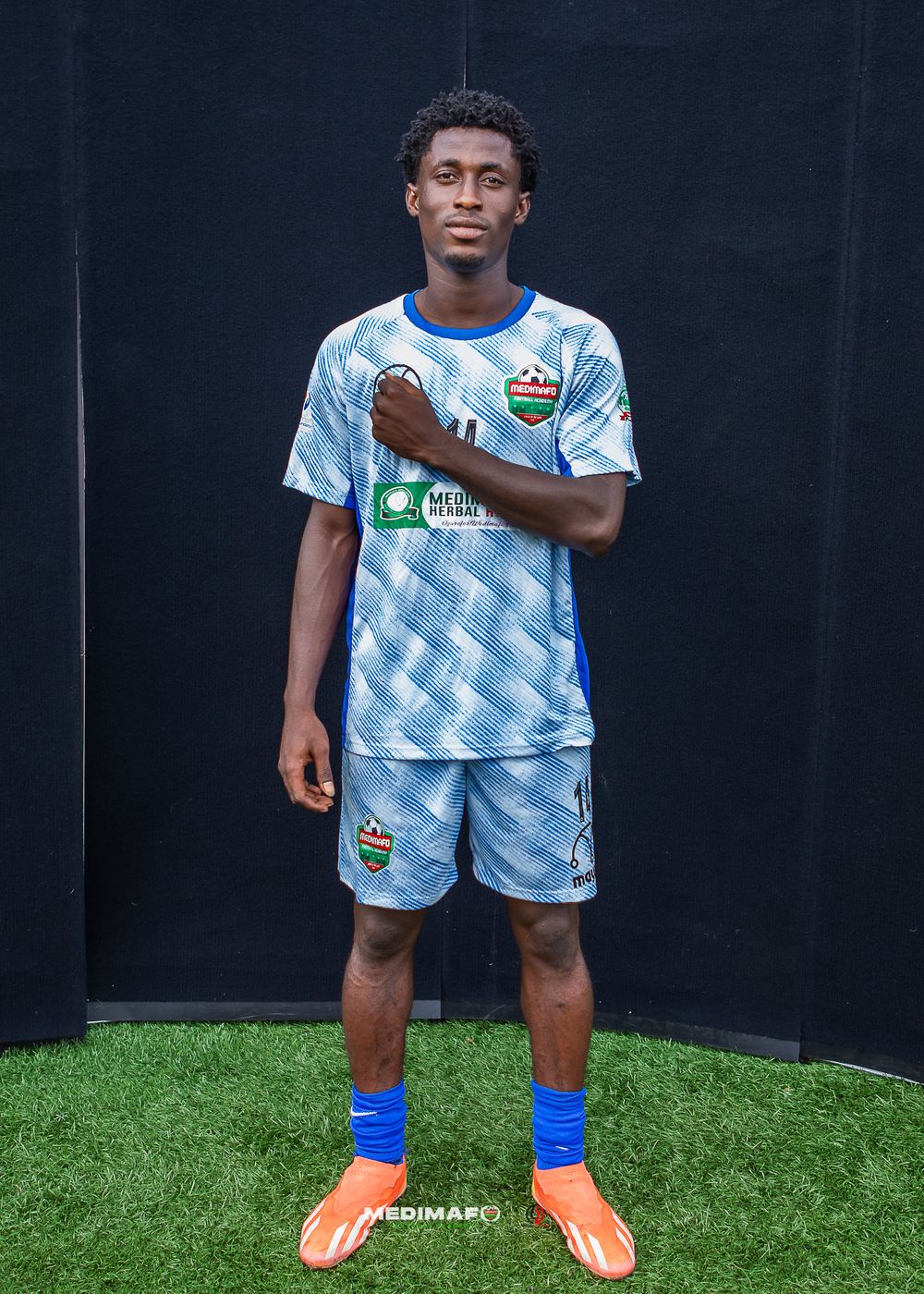 Medimafo Football Academy player in the light blue kit at media day